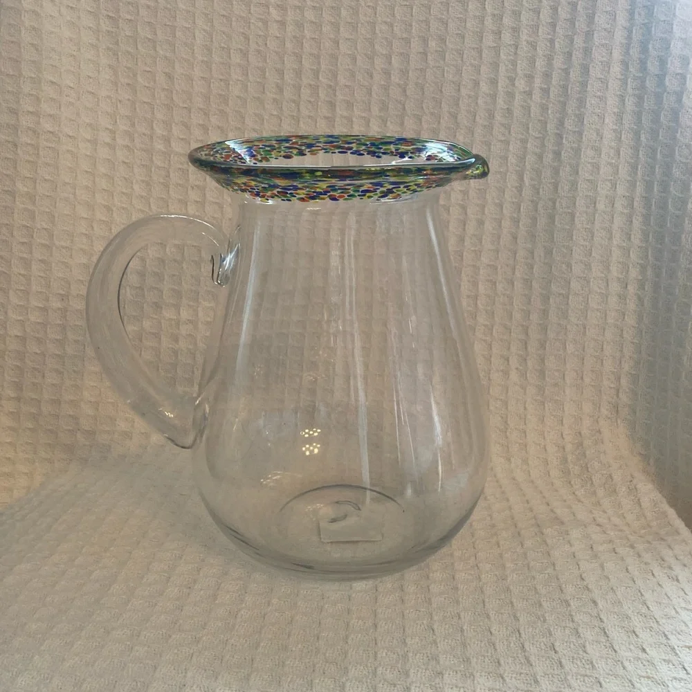 Crate & Barrel Fiesta Confetti Rim Hand Blown Pitcher With Applied Handle